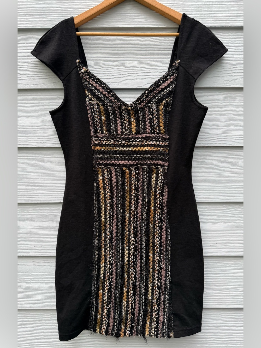Free People Woven Multi-Metallic V-Neckline Black Bodycon Cocktail Dress!